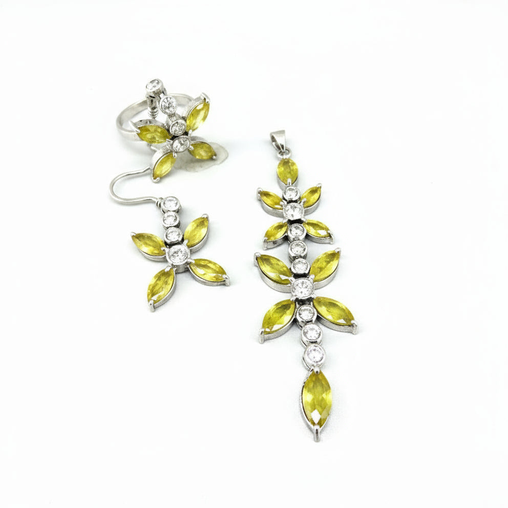 Sterling silver drop earrings with yellow sapphires and cubic zirconia in a floral design, linked to the Sapphire Jewelry Collection.