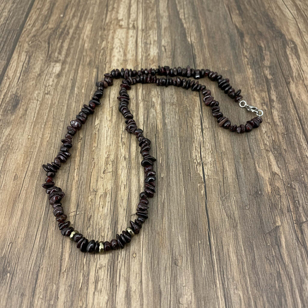 Handmade garnet necklace, 55 cm / 21.7 in long, featuring natural deep red garnet chip beads.