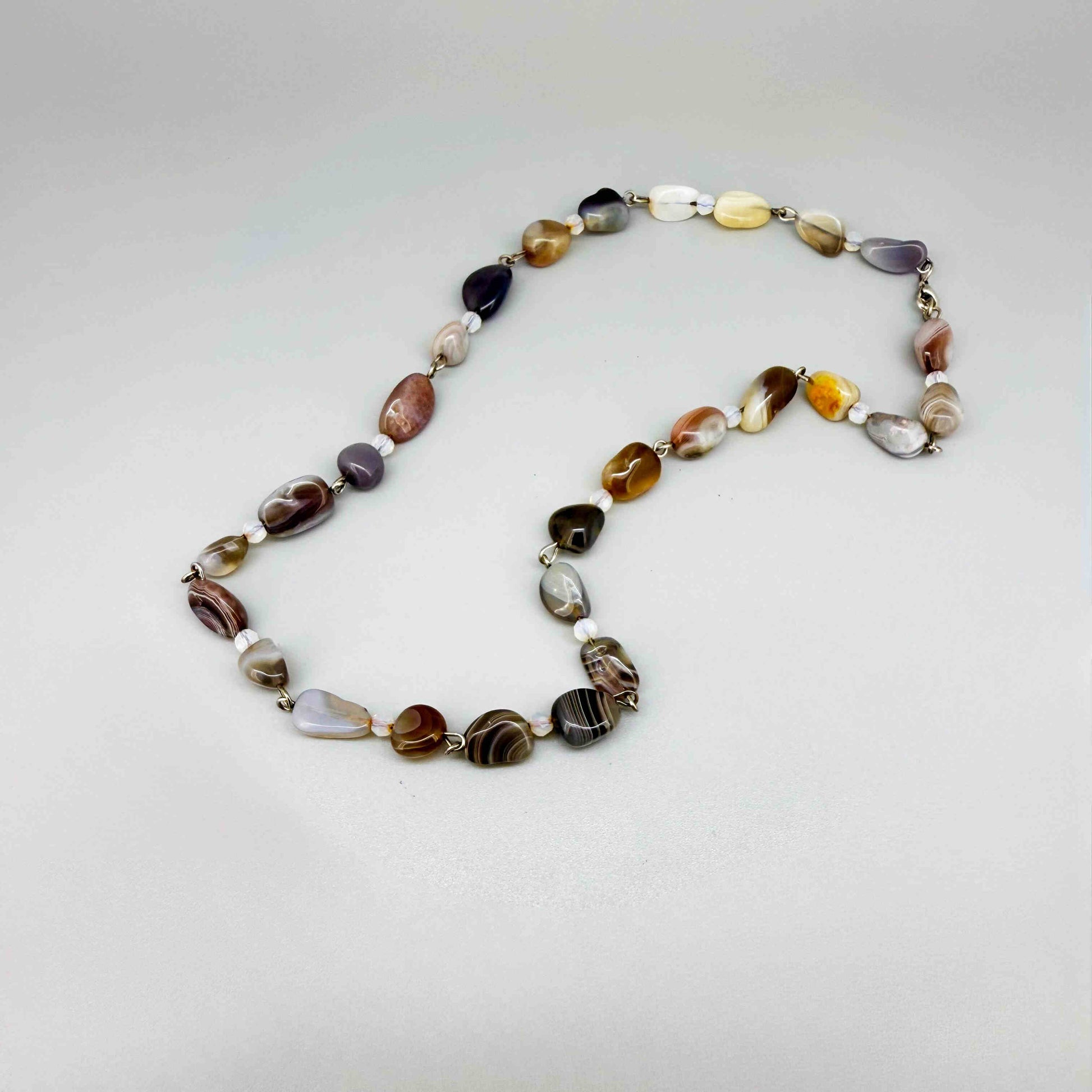 Agate necklace with mixed natural brown, grey, white, and amber beads, 44 cm