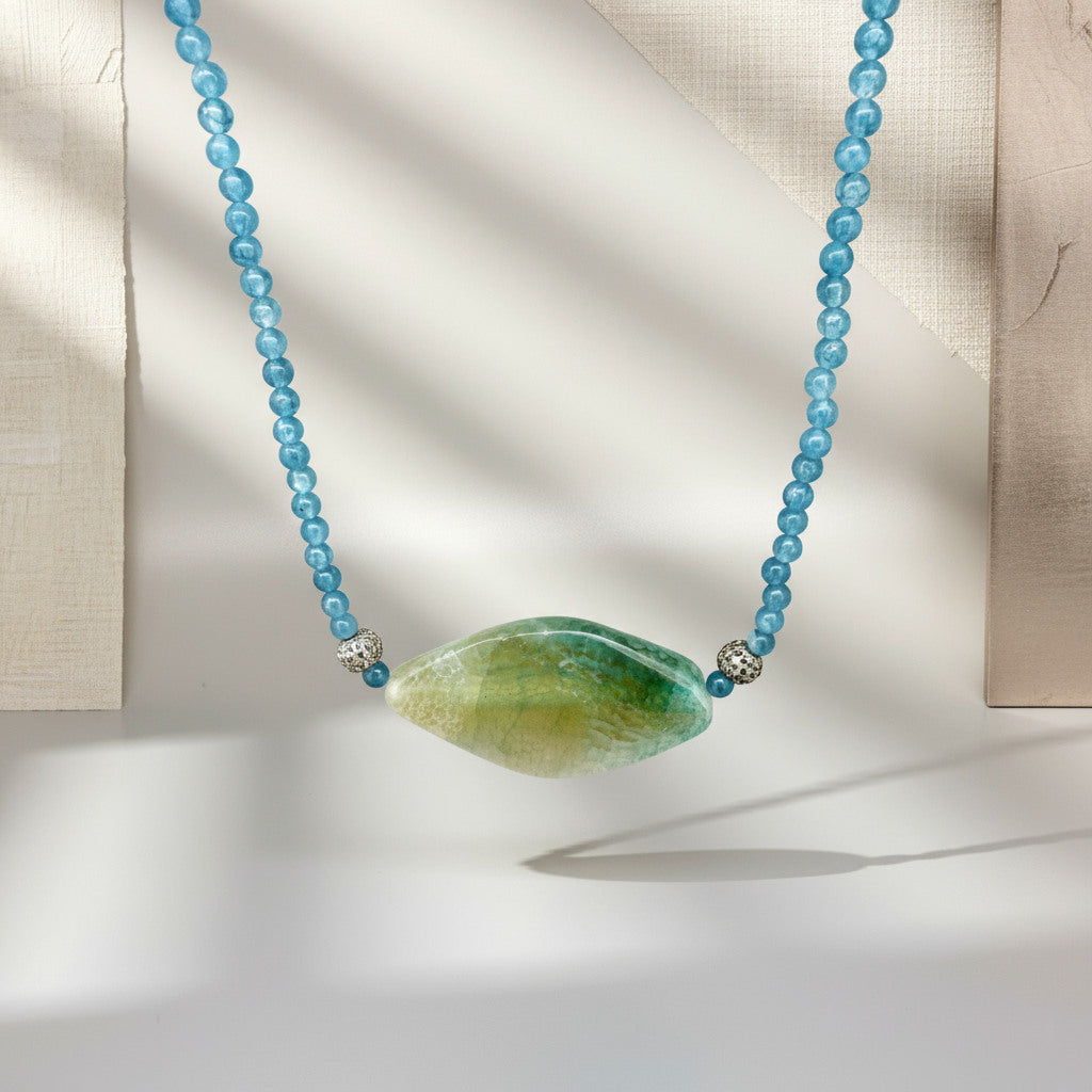 Blue quartz necklace with green–blue agate centerpiece, handcrafted, 44 cm.