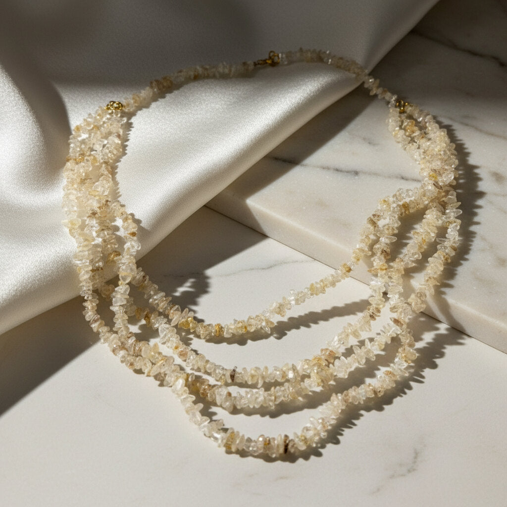 Multi-strand golden rutilated quartz chip necklace, 60 cm / 23.6 in.