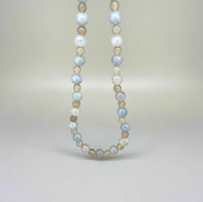 Handcrafted 43 cm agate beaded necklace in soft blue, beige, and cream tones, featuring a mix of matte and polished round beads.