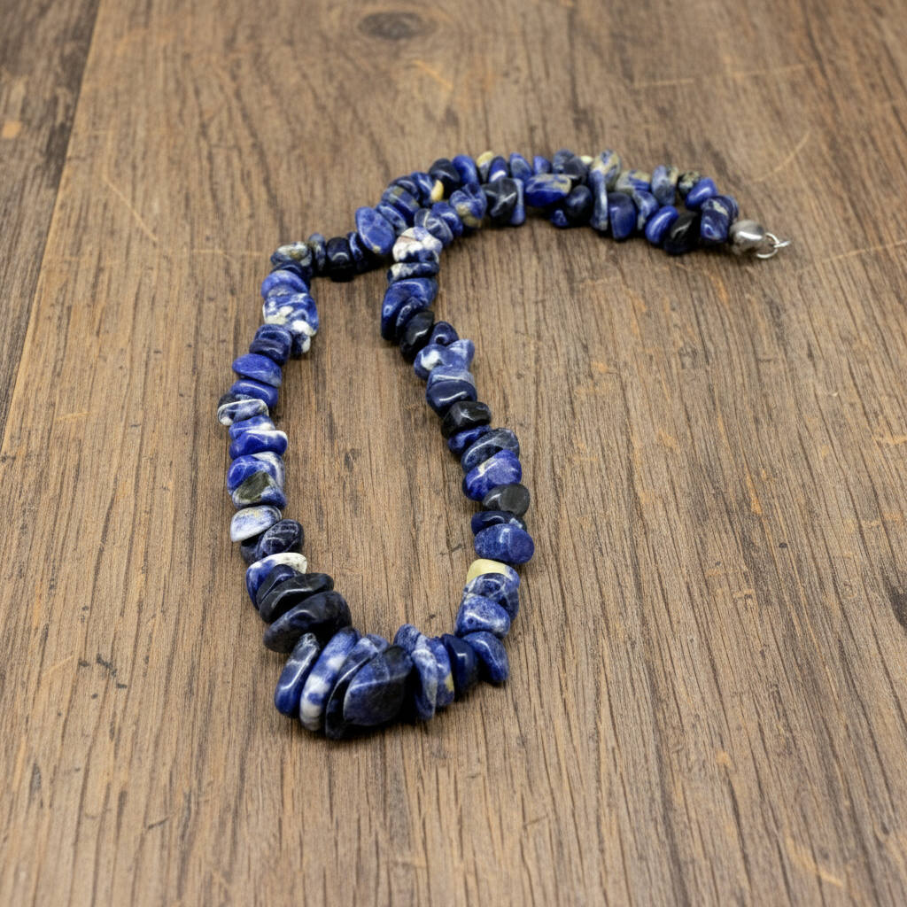 Sodalite necklace made from natural blue chip stones, 45 cm, handcrafted with an organic design; matching bracelet available separately.