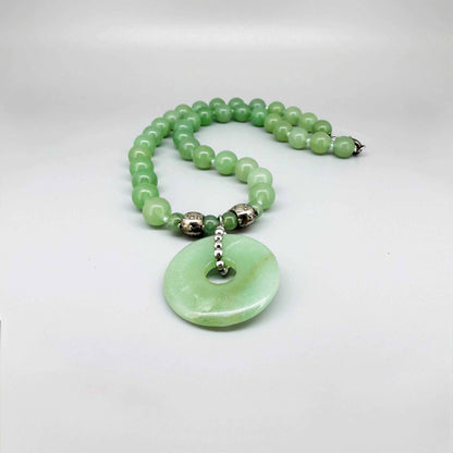 Handmade aventurine necklace, 46 cm / 18.1 in, featuring green gemstone beads and a matching pendant with metal details.