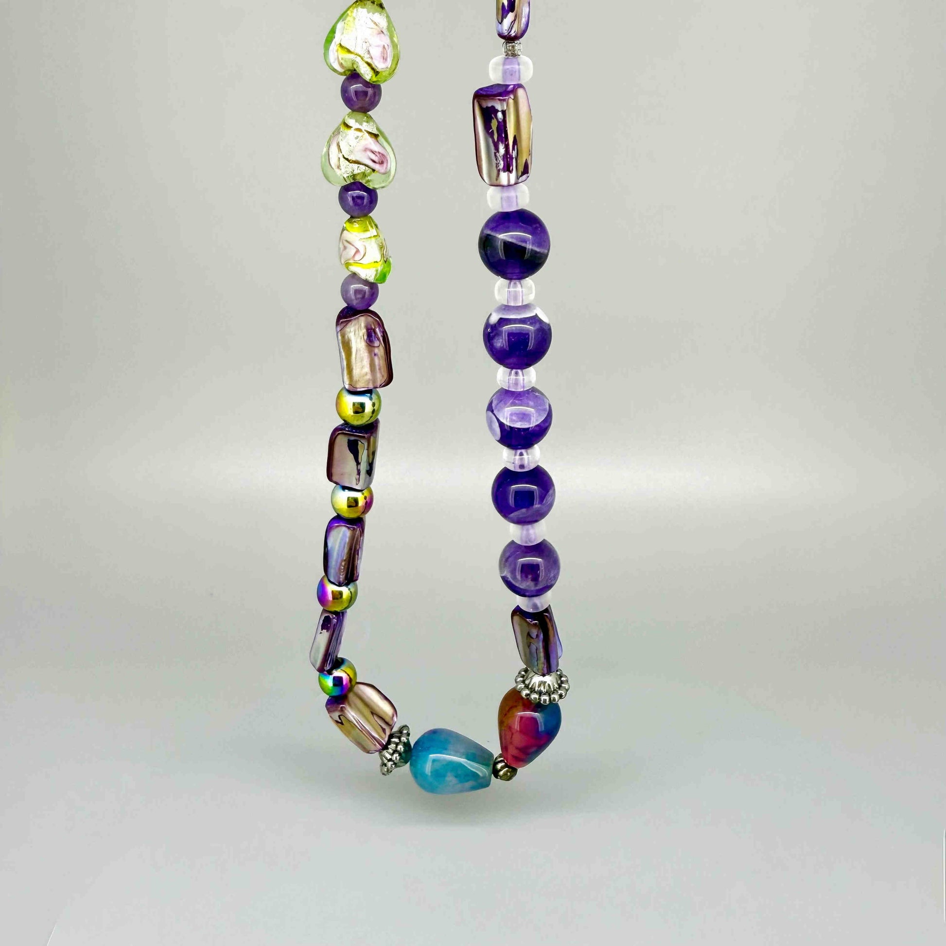 Mixed gemstone necklace with agate, amethyst, hematite and mother-of-pearl, 44 cm / 17.3 in.