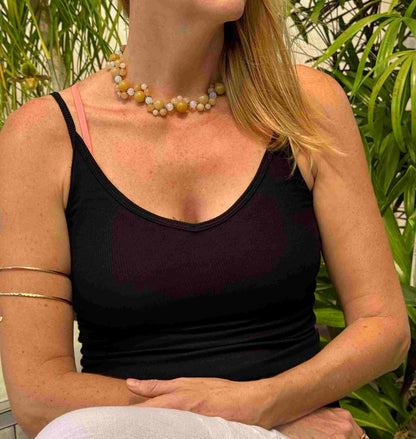Handcrafted 41 cm necklace made from yellow jade and white opal beads in golden-yellow and ivory tones, featuring smooth round gemstones in varying sizes.