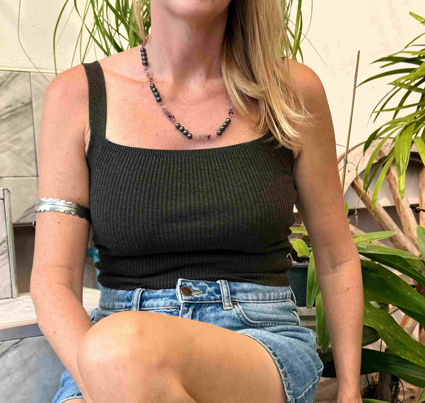 Handcrafted hematite and fluorite necklace in metallic silver-grey with pastel accents, 50 cm.