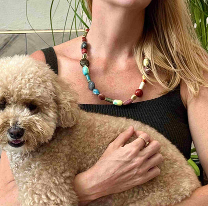 Multicolored ceramic beaded necklace, 50 cm / 19.7 in long, featuring handmade glazed beads in bright and earthy tones.