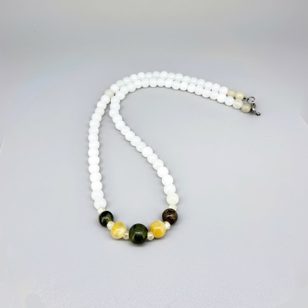 White jade beaded necklace with warm-toned center accents, 43 cm / 16.9 in.