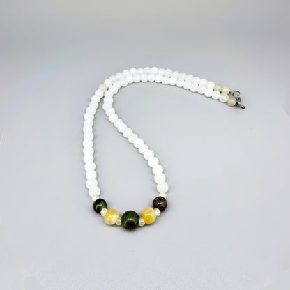 White jade beaded necklace with warm-toned center accents, 43 cm / 16.9 in.