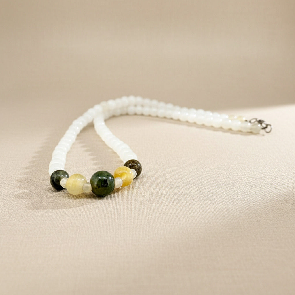 White jade beaded necklace with warm-toned center accents, 43 cm / 16.9 in.