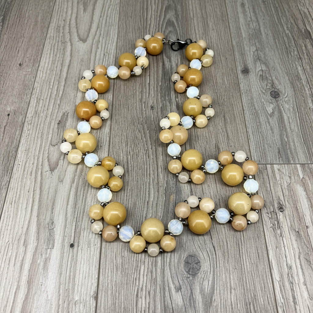 Handcrafted 41 cm necklace made from yellow jade and white opal beads in golden-yellow and ivory tones, featuring smooth round gemstones in varying sizes.