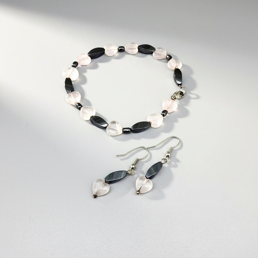 Rose quartz and hematite jewelry set with necklace and bracelet, soft pink and silver-grey