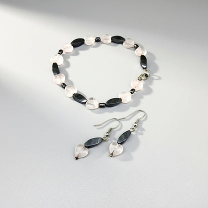 Rose quartz and hematite jewelry set with necklace and bracelet, soft pink and silver-grey