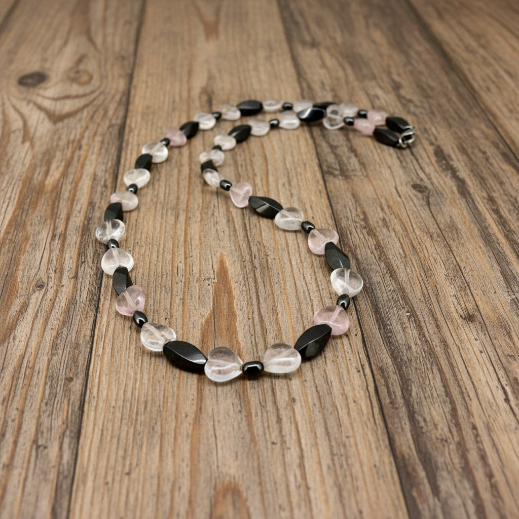 Rose quartz and hematite jewelry set with necklace and bracelet, soft pink and silver-grey