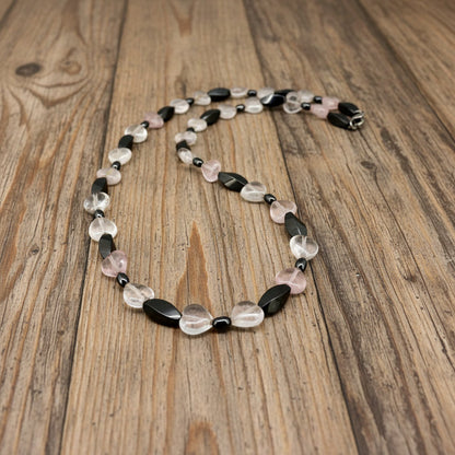 Rose quartz and hematite jewelry set with necklace and bracelet, soft pink and silver-grey