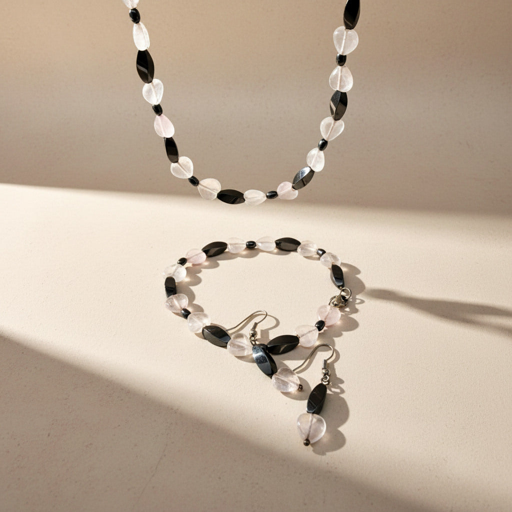 Rose quartz and hematite jewelry set with necklace and bracelet, soft pink and silver-grey