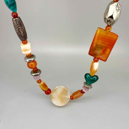 Carnelian, agate and cat’s eye gemstone necklace in warm orange tones, 50 cm