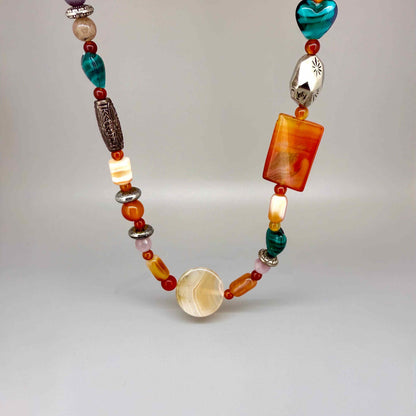 Carnelian, agate and cat’s eye gemstone necklace in warm orange tones, 50 cm