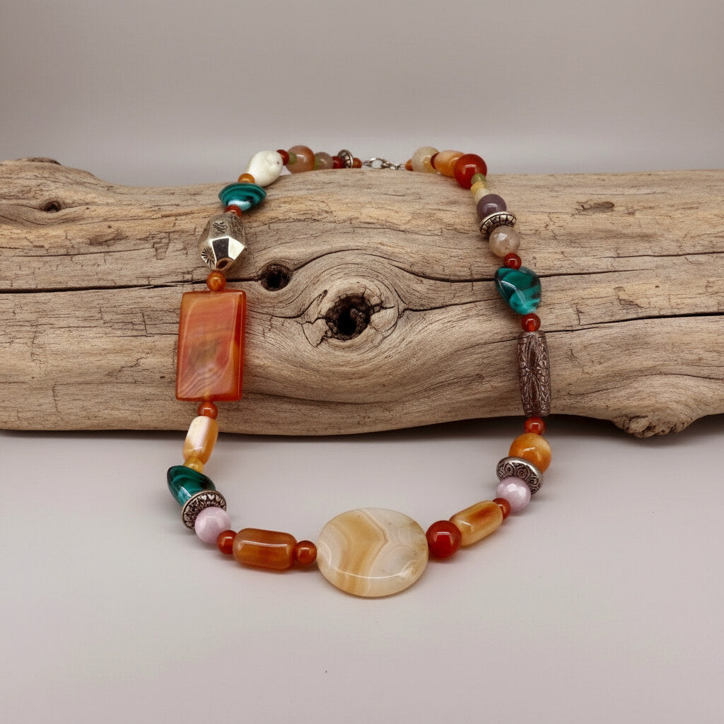 Carnelian, agate and cat’s eye gemstone necklace in warm orange tones, 50 cm