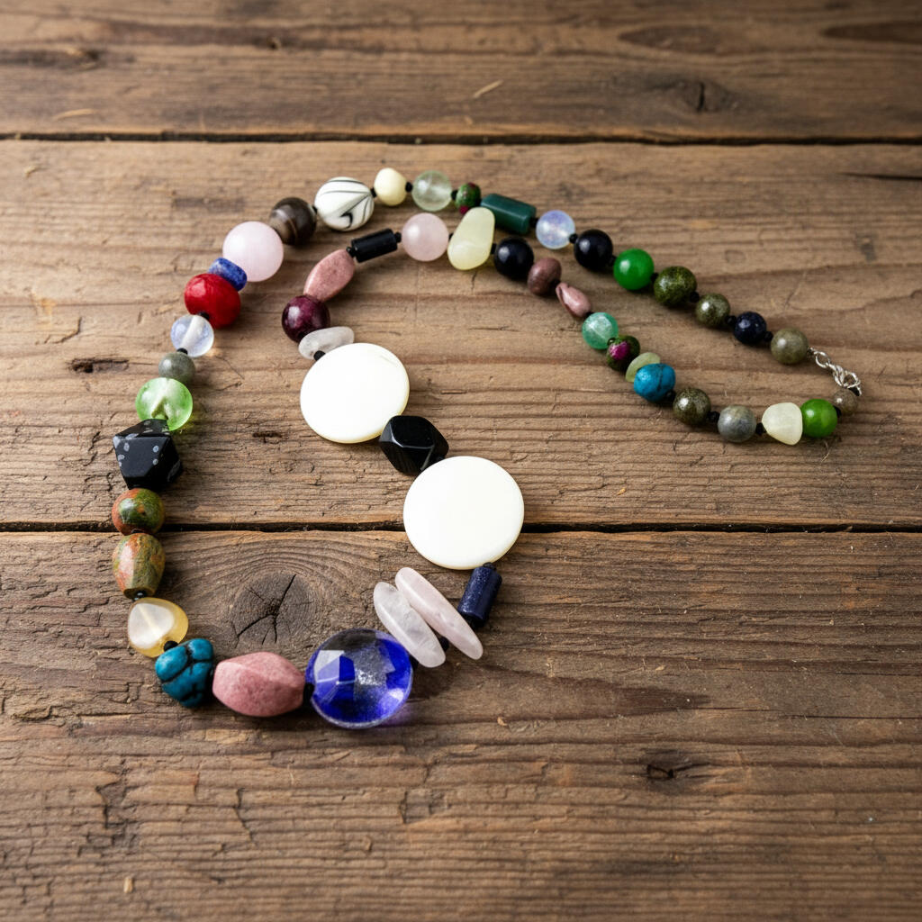 Mixed gemstone necklace with quartz, opal, rose quartz, labradorite and onyx – 56 cm