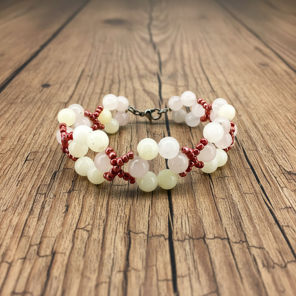 Rose quartz jewelry set with necklace and bracelet, featuring pink and red floral beads, necklace 42 cm / 16.5 in, bracelet 18 cm / 7.1 in.