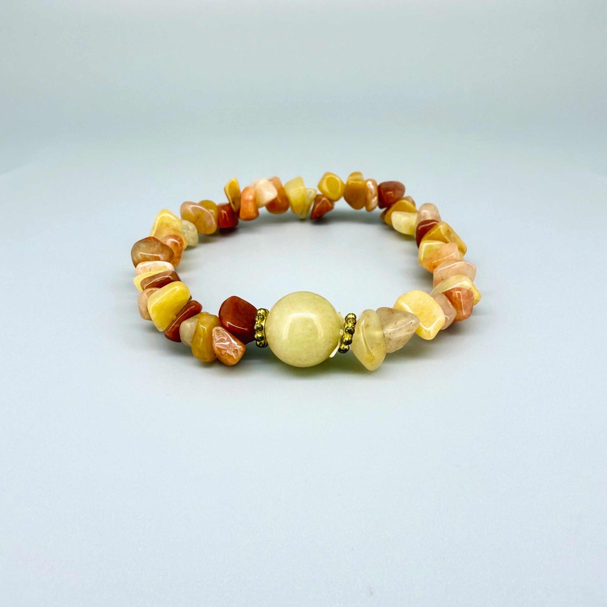Handmade jade and agate beaded necklace and bracelet set in yellow, amber, and honey tones with polished jade pendant.