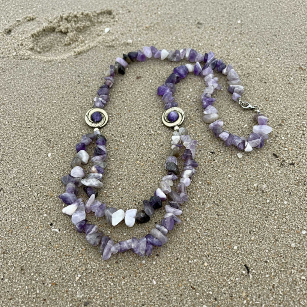 Handcrafted amethyst chip necklace in lilac and violet tones, 48 cm.