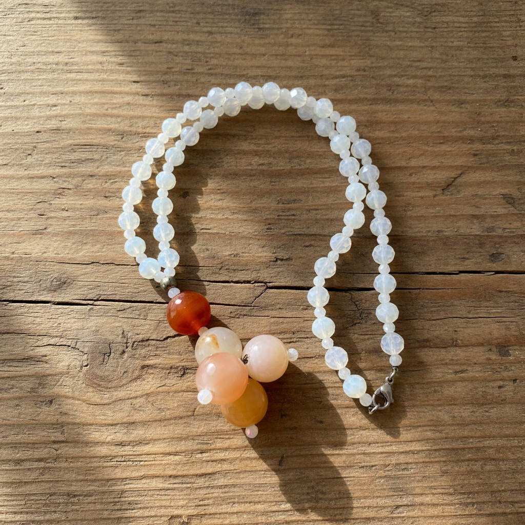 Opal and agate necklace with warm-toned pendant, 54 cm