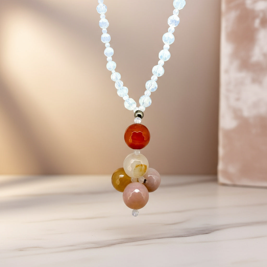 Opal and agate necklace with warm-toned pendant, 54 cm