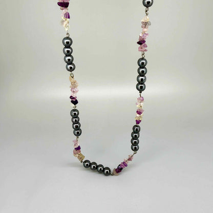 Handcrafted hematite and fluorite necklace in metallic silver-grey with pastel accents, 50 cm.