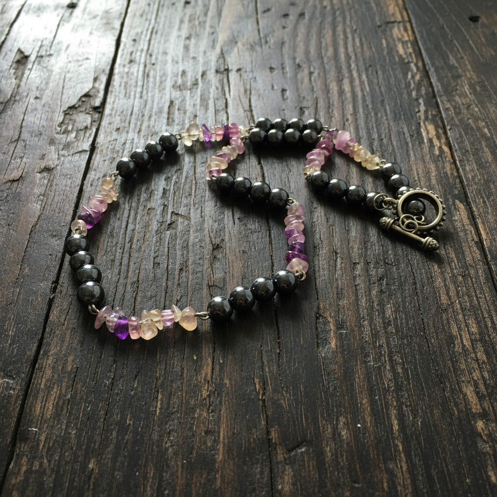 Handcrafted hematite and fluorite necklace in metallic silver-grey with pastel accents, 50 cm.