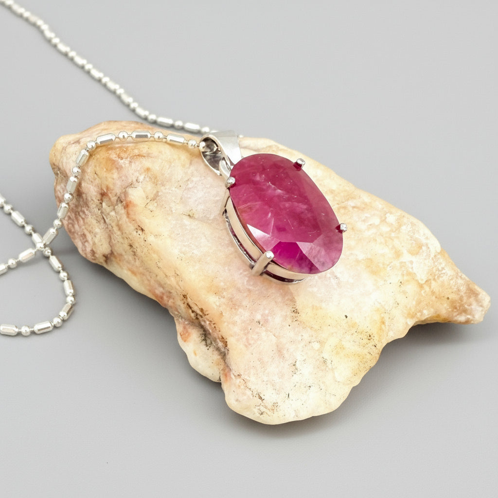 White gold plated silver pendant featuring a 17.12 ct natural ruby with deep red brilliance, handcrafted and elegant design.
