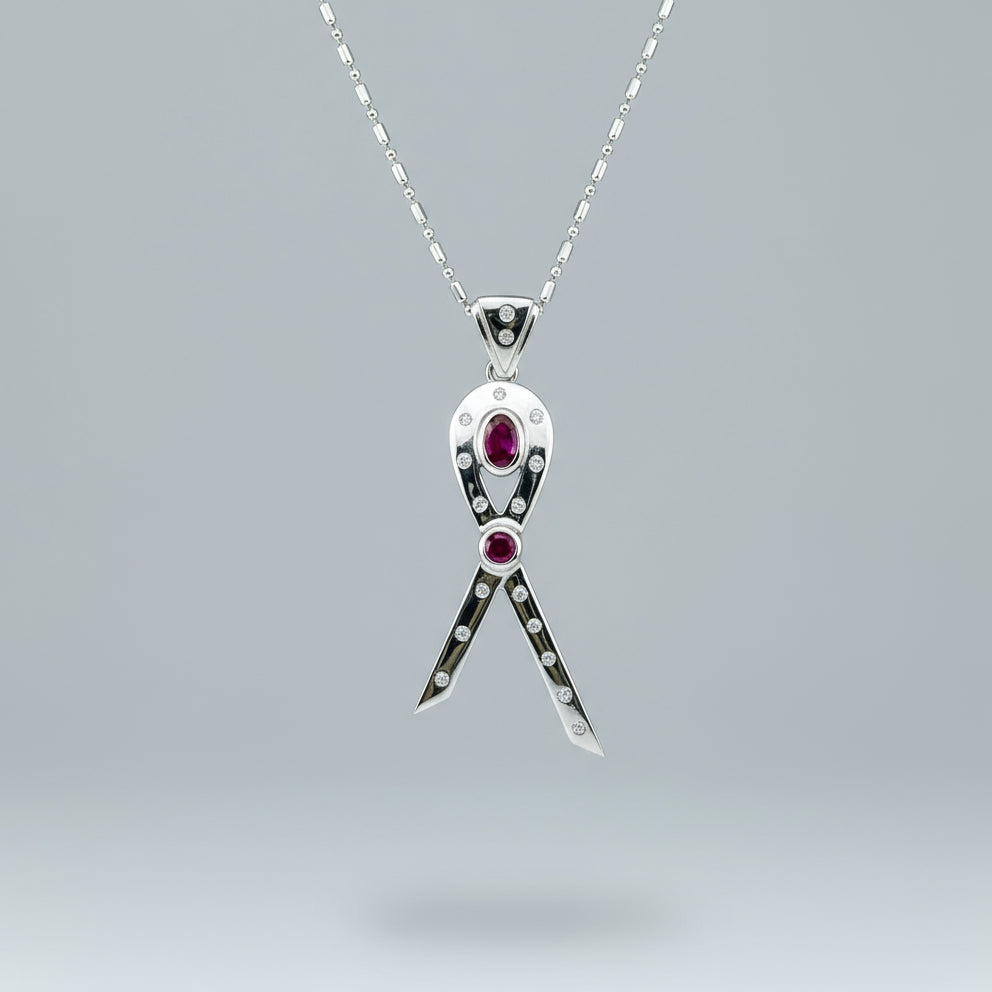 Modern handcrafted pendant in white-gold-plated silver with two natural rubies (1.73 ct total) and cubic zirconia accents