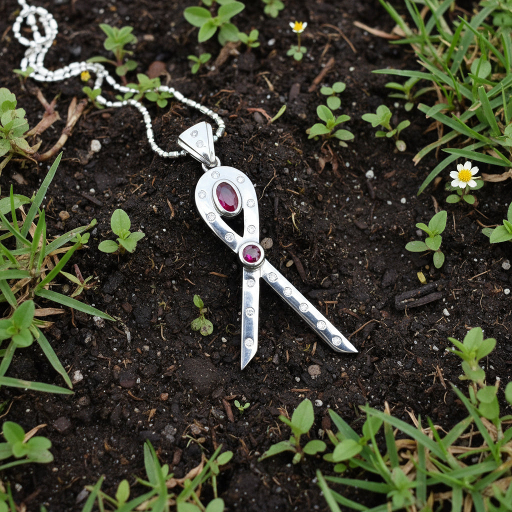 Modern handcrafted pendant in white-gold-plated silver with two natural rubies (1.73 ct total) and cubic zirconia accents.