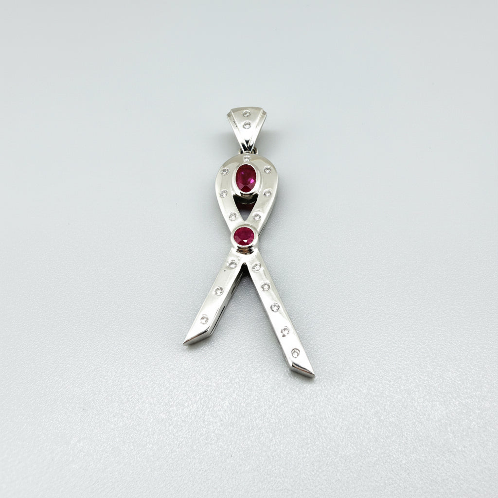 Modern handcrafted pendant in white-gold-plated silver with two natural rubies (1.73 ct total) and cubic zirconia accents.