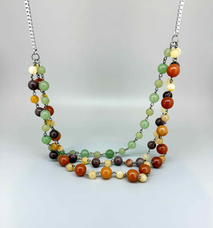 Double-strand necklace with jade and aventurine beads in green, yellow and brown tones, 70 cm.