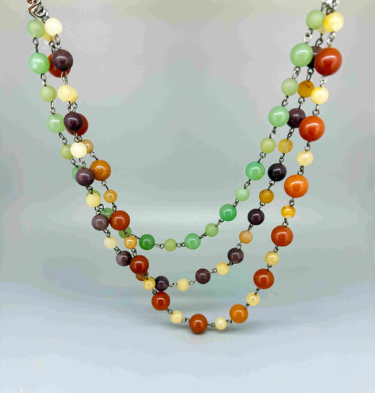 Double-strand necklace with jade and aventurine beads in green, yellow and brown tones, 70 cm.