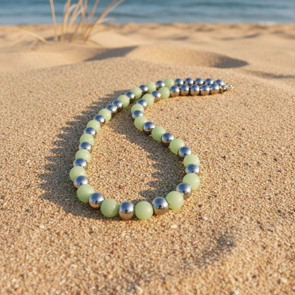 Handcrafted aventurine and hematite necklace in light green with metallic accents, 42 cm.