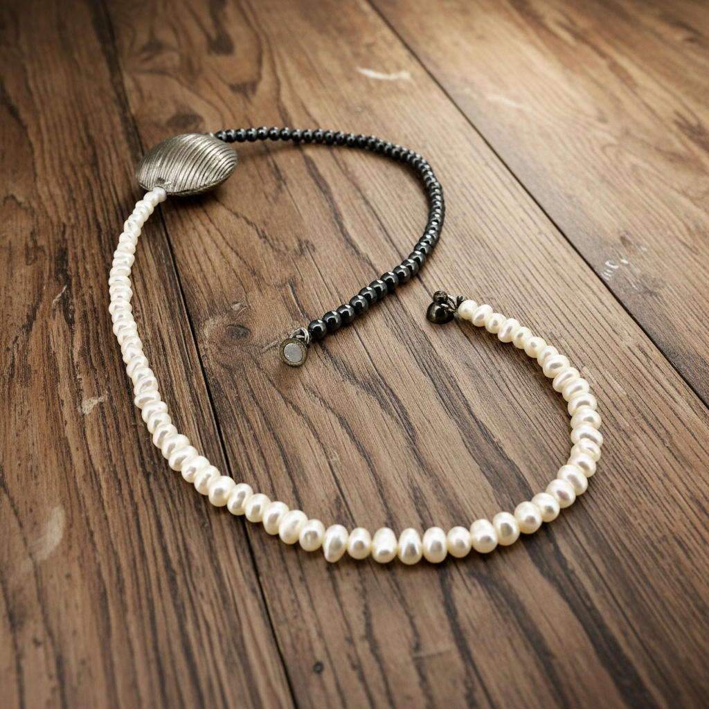 Hematite and cultured pearl necklace, 44 cm / 17.3 in long, featuring a large metallic centerpiece and contrasting light-dark design.