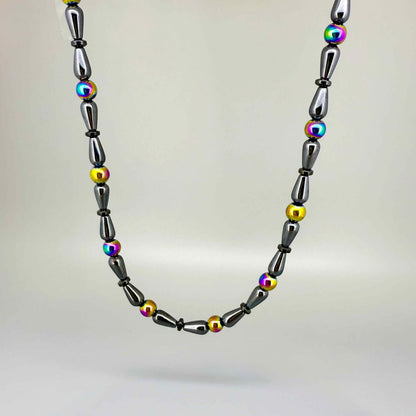 Hematite beaded necklace, 48 cm / 18.9 in long, featuring metallic grey stones with colorful accent beads.