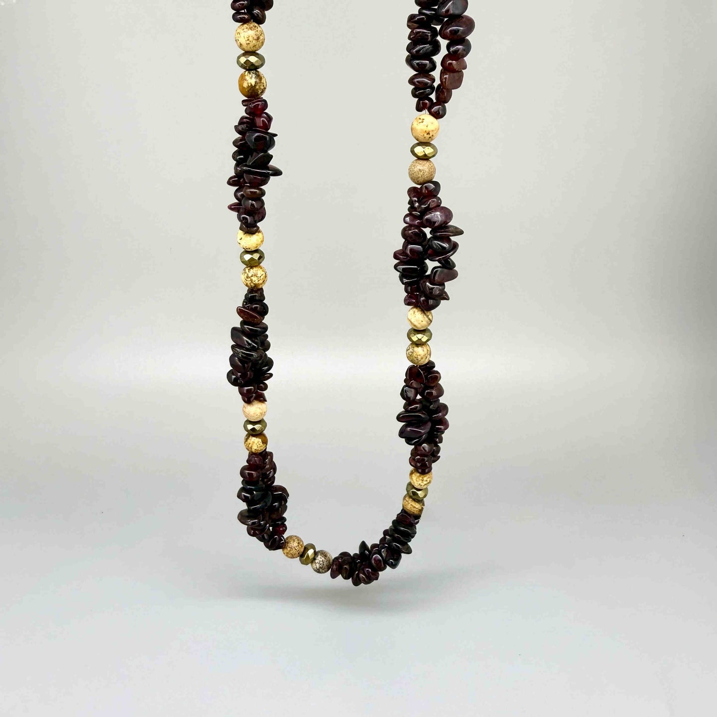 Brown agate chip necklace with beige jasper beads, handcrafted, 47 cm.
