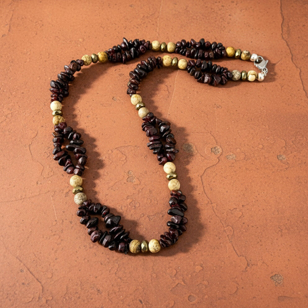 Brown agate chip necklace with beige jasper beads, handcrafted, 47 cm.