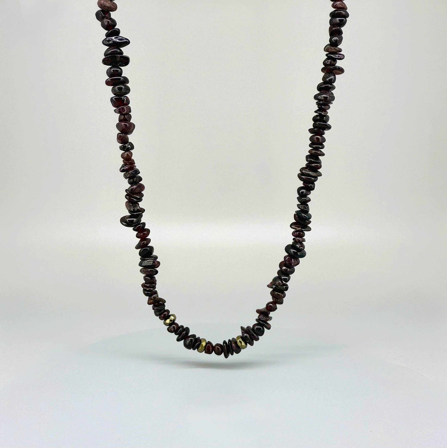 Handmade garnet necklace, 55 cm / 21.7 in long, featuring natural deep red garnet chip beads.