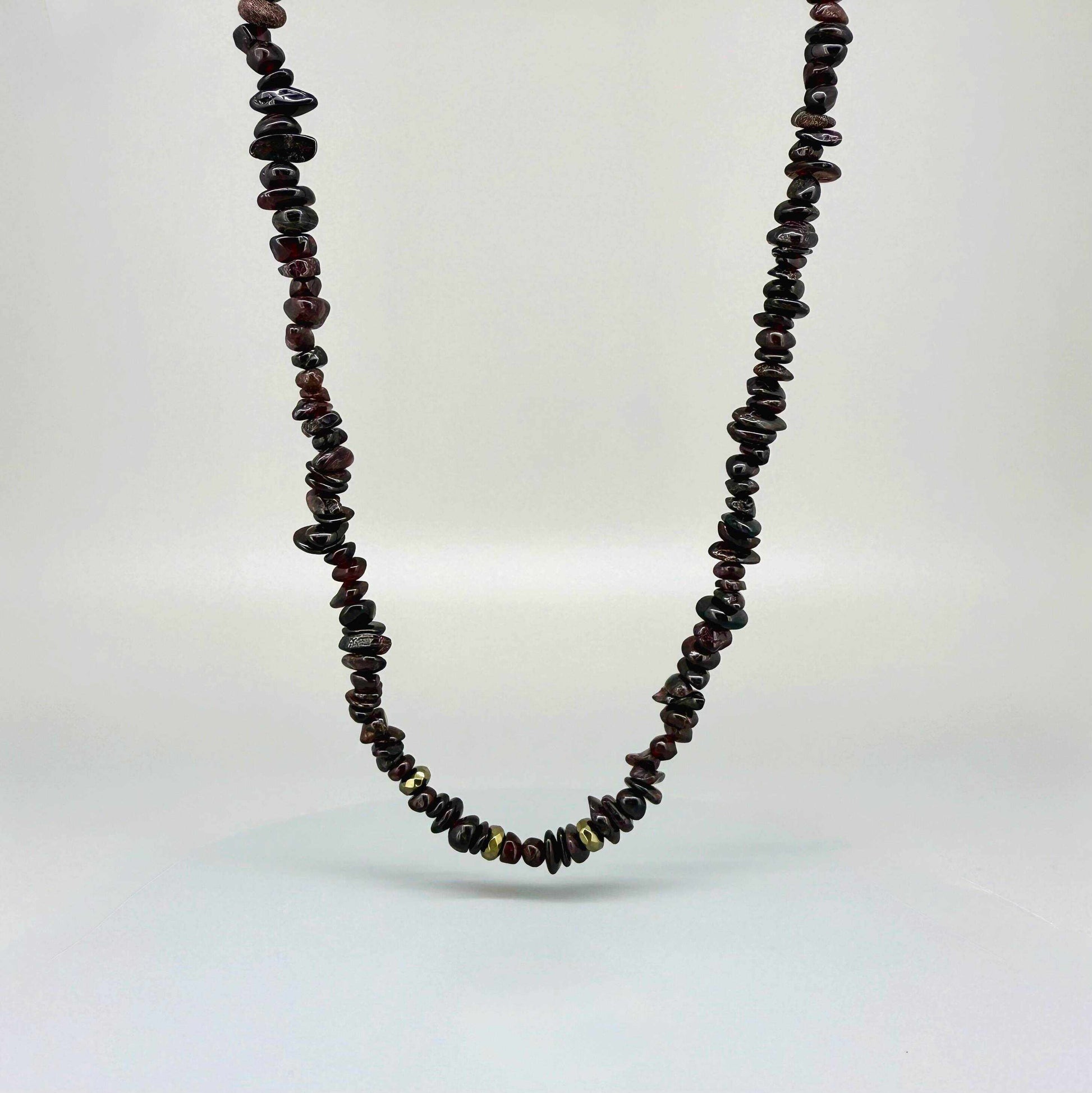 Handmade garnet necklace, 55 cm / 21.7 in long, featuring natural deep red garnet chip beads.