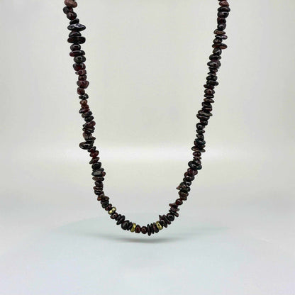 Handmade garnet necklace, 55 cm / 21.7 in long, featuring natural deep red garnet chip beads.