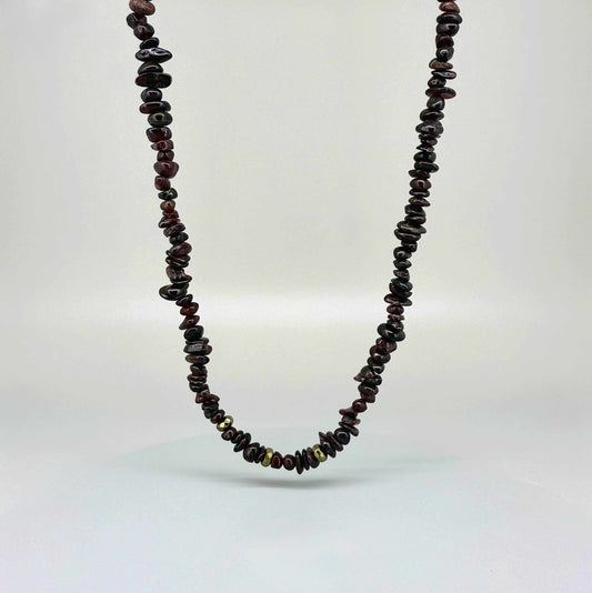 Handmade garnet necklace, 55 cm / 21.7 in long, featuring natural deep red garnet chip beads.