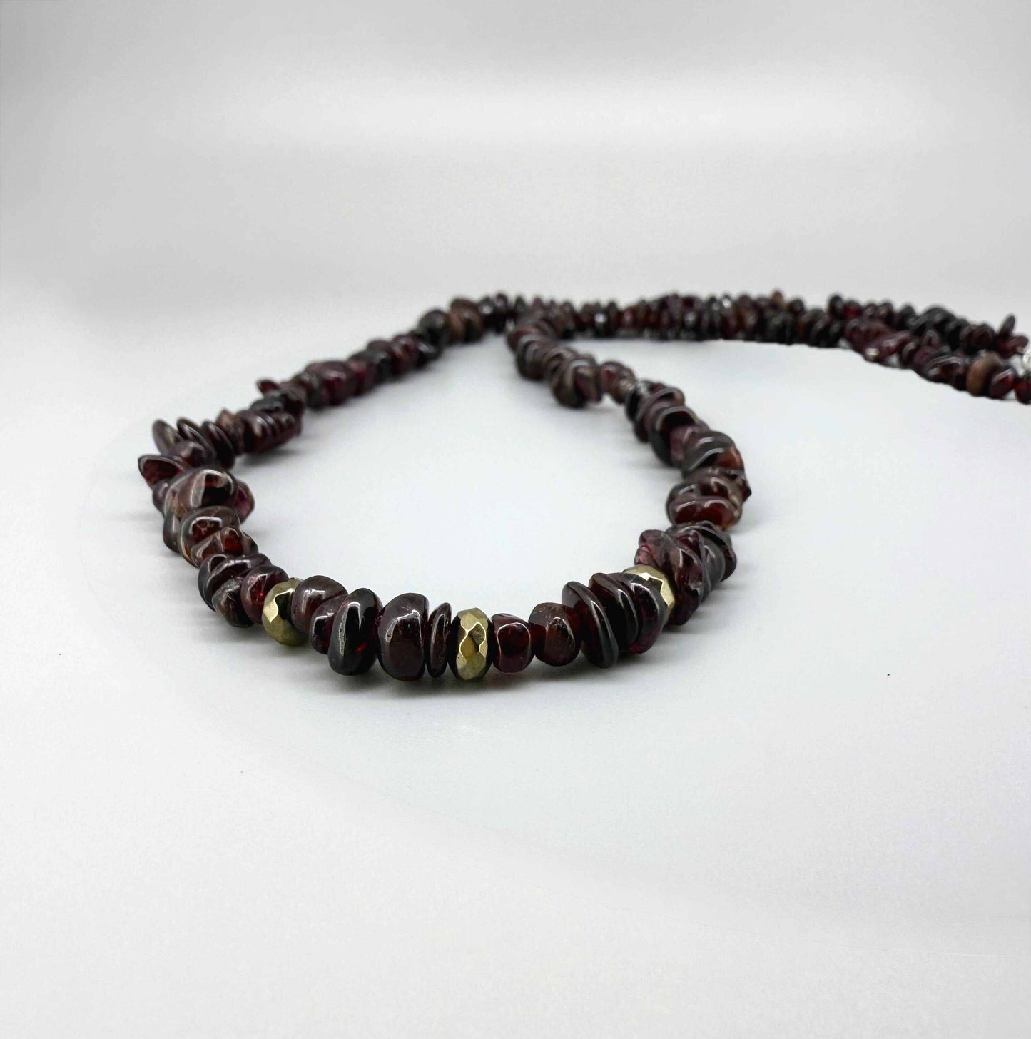 Handmade garnet necklace, 55 cm / 21.7 in long, featuring natural deep red garnet chip beads.
