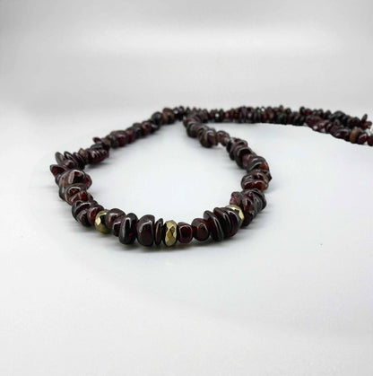 Handmade garnet necklace, 55 cm / 21.7 in long, featuring natural deep red garnet chip beads.
