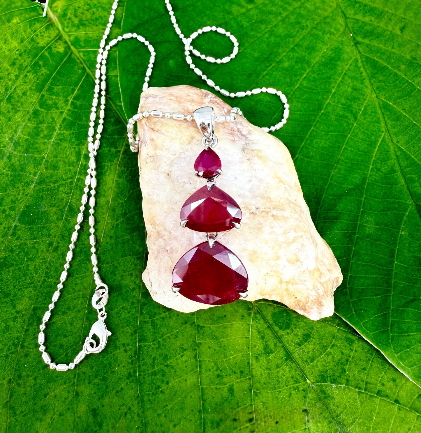 White Gold plated Silver Pendant with 3 large Rubies
